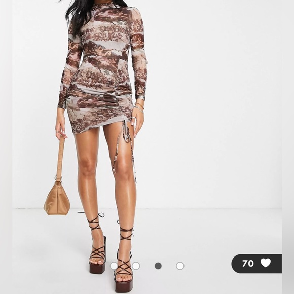ASOS Missguided high neck mini dress in brown renaissance print Sz 0 - Picture 2 of 9